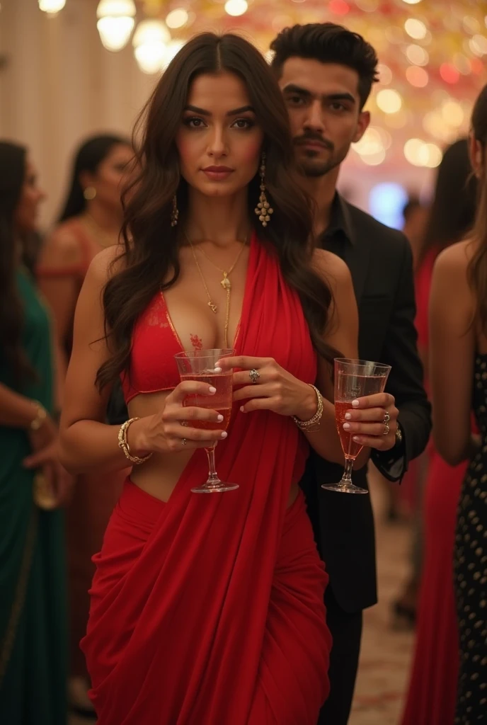 hot tall slim beautiful, athletic, iranian mom in transparent red saree with her hands carrying drinks for guests in a crowded party. extremely handsome son, half her height standing behind her, caressing her  under her saree without anybody noticing