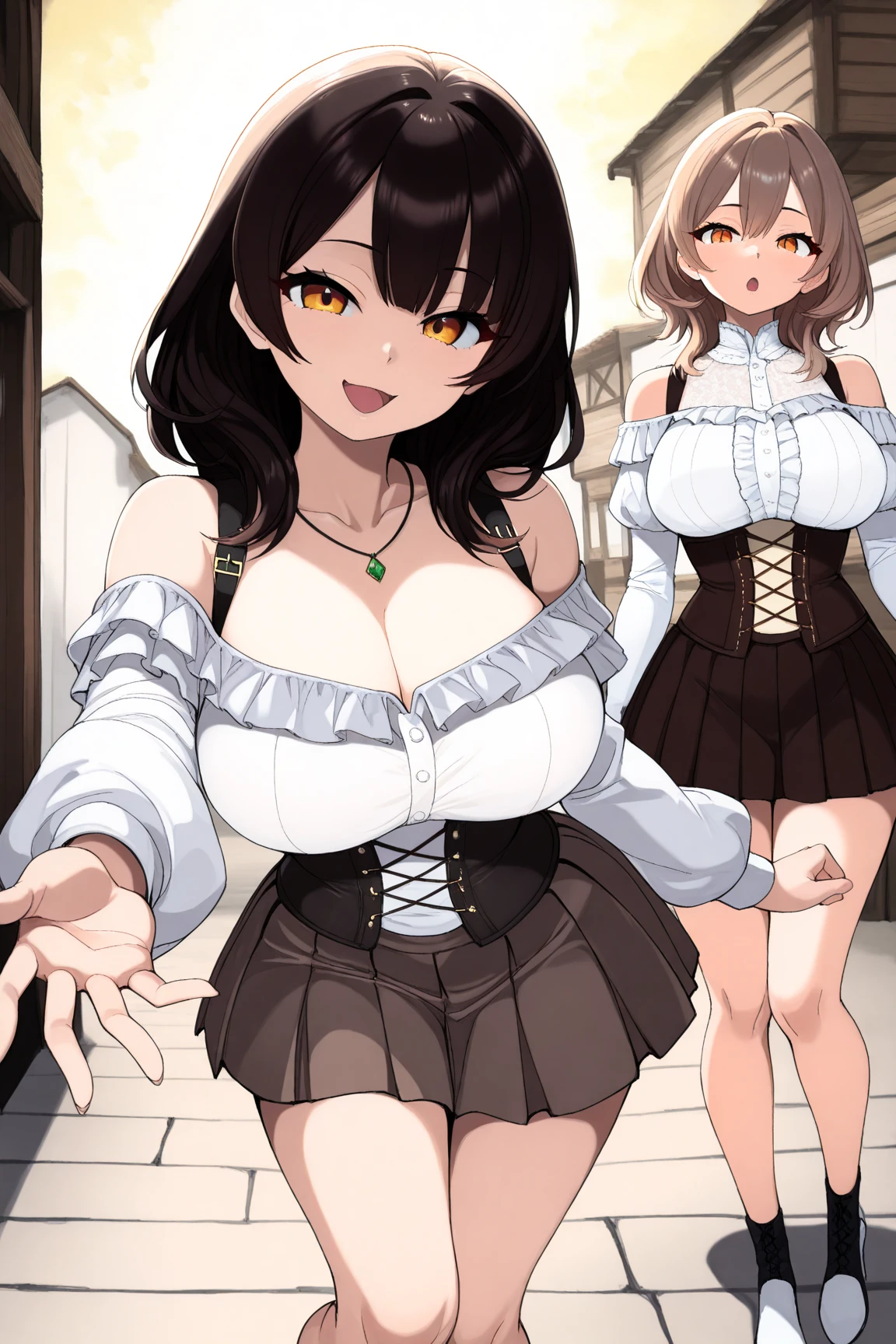 (Highest quality,High resolution,Pixel perfect,8K), (1 Girl:1.2), Beautiful woman,((Wavy mid-length hair, bangs, Brown Hair)), ((Brown eyes, Beautiful eyelashes, Realistic eyes)), ((Detailed face:1.2)), ((Smooth texture:0.75, Realistic texture:0.65, Realistic:1.1, Anime CG Style)), Slender body, Medium Chest, Perfect body, (Earrings,necklace,Sleeveless turtleneck sweater,mini skirt, ((Skirt flip)), A shy smile, ((Her lacy panties are visible:1.1), (Multiple Views,Two views), (The sexy, beautiful girl next door:1.2), Inviting expression, ((Trying to take off my top:1.2))