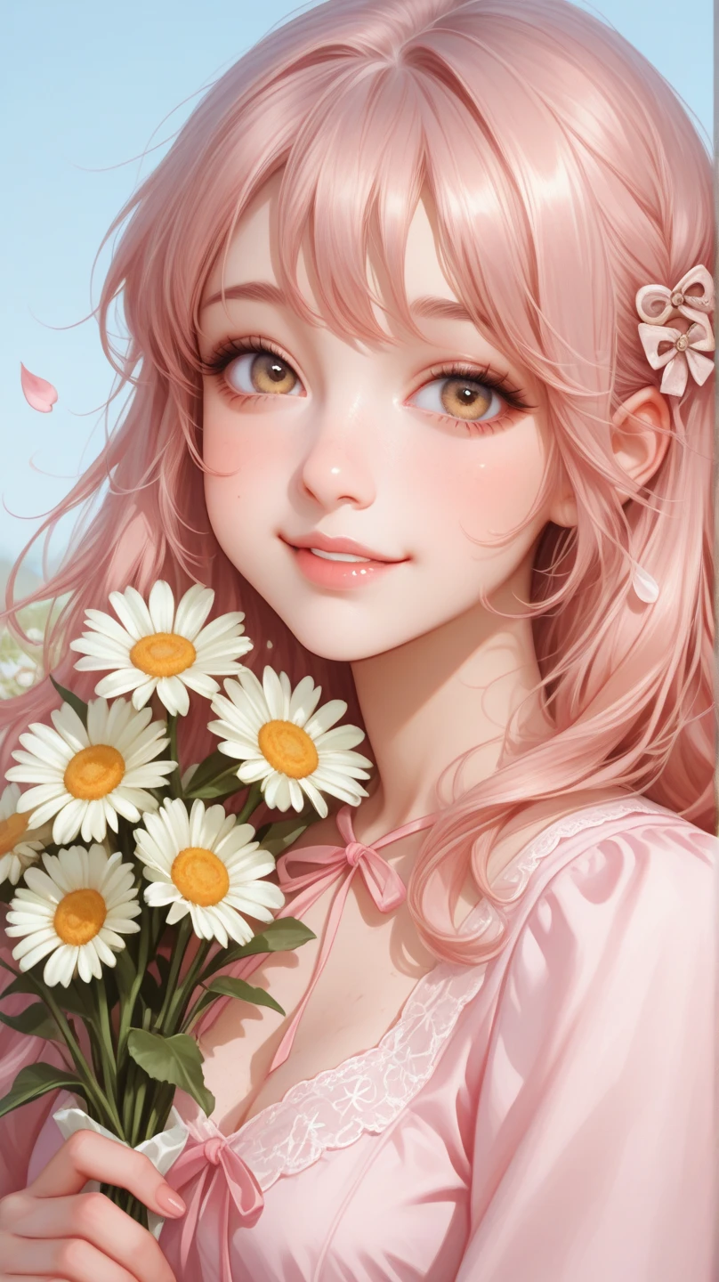 High quality CG, 8k clarity, plain background, cool summer day, a pink tulip, cute loli girl wearing straw hat, big eyes, long, colorful bright hair twisted braid and headdress, wearing a light dress with half off-the-shoulders, smiling, holding flowers, bust portrait, smiling back, highlighting the high nose bridge and large earrings.