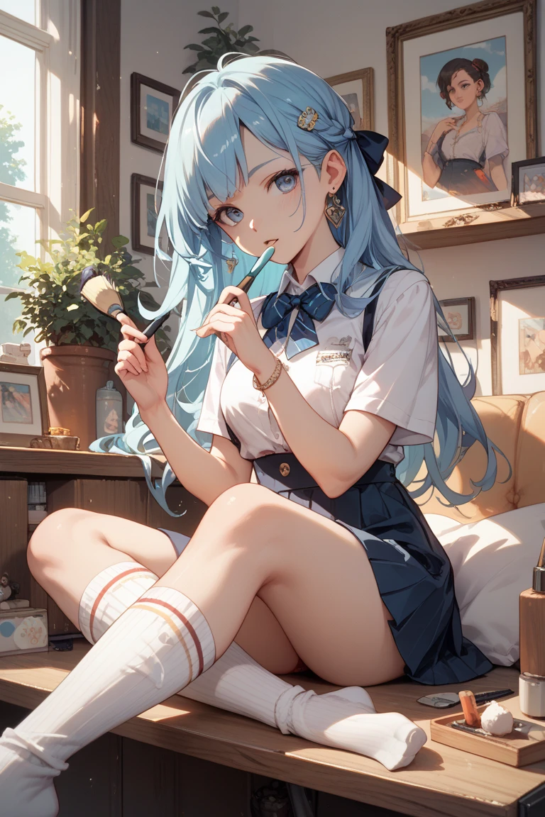 ((top-quality)), ((masterpiece)), ((ultra-detailliert)), (extremely delicate and beautiful), girl with, solo, cold attitude,((Black jacket)),She is very(relax)with the(Settled down)Looks,A dark-haired, depth of fields,evil smile,Bubble, under the water, Air bubble,bright light blue eyes,Inner color with light blue hair and dark blue tips,Cold background,Bob Hair - Linear Art, shortpants、knee high socks、White uniform like 、Light blue ribbon ties、Clothes are sheer、Hands in pockets