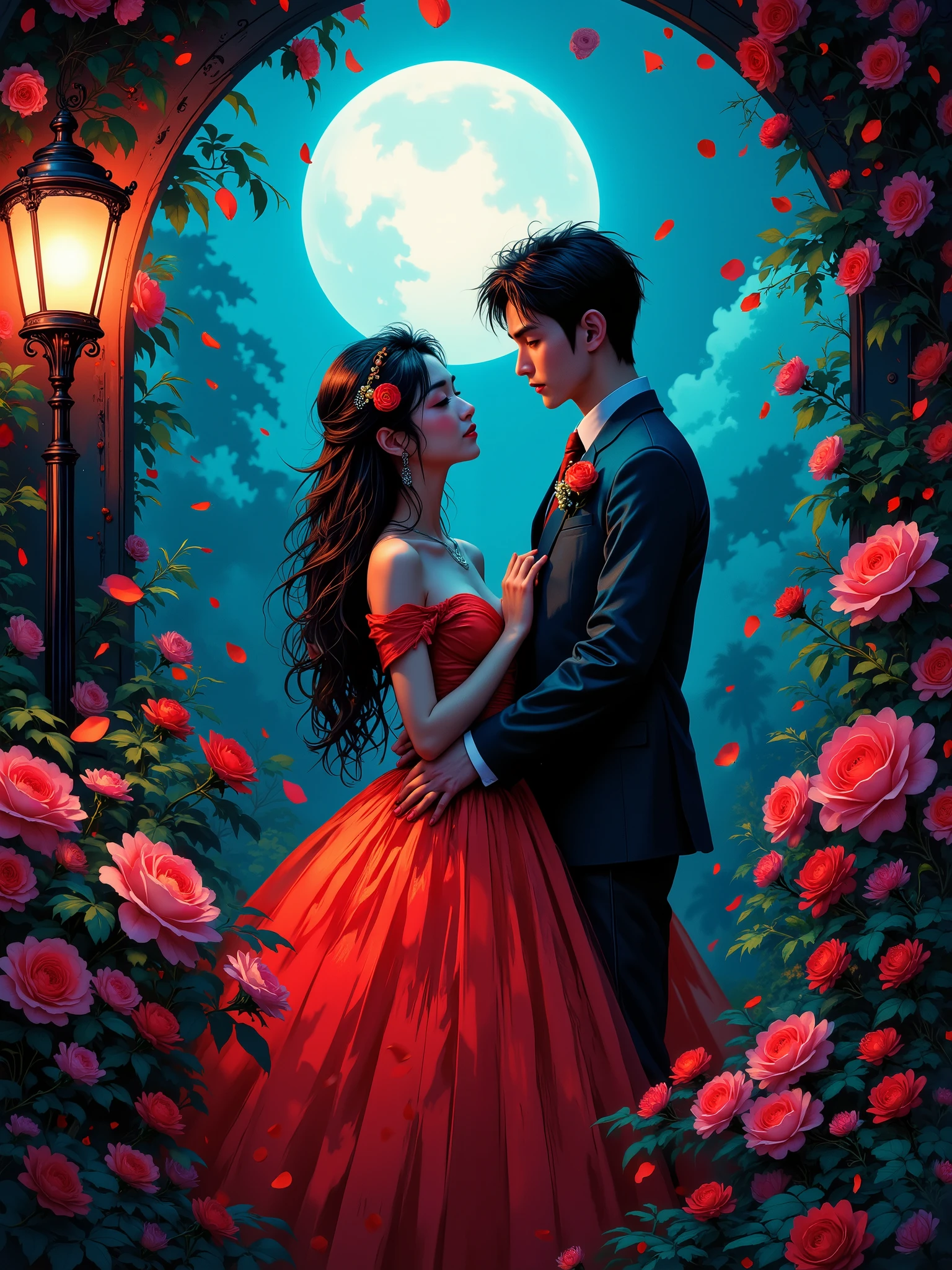 A young woman and man, positioned in the center of the image, are embracing under a full moon. The woman, of Asian descent, is in her late s or early twenties, with long, dark brown hair. She wears a strapless, full-length, vibrant red ball gown. A small red rosebud adorns her dark hair. The man, of light complexion, is also in his late s or early twenties. He wears a dark suit and a light pink/red rose boutonniere. Both subjects have attractive facial features with soft expressions. The woman has a gentle smile; the man is looking intently at her. The man has dark brown hair neatly styled. They are standing in a romantic garden setting, with vibrant pink roses and rose petals strewn on the ground. The garden is framed by an archway. Antique-style streetlights add to the romantic ambiance. A large, bright full moon is prominently featured above the couple. The overall color palette is a combination of deep reds, soft blues and pinks, creating a romantic and dreamlike atmosphere. The lighting is soft and diffused, casting a gentle glow on the scene. The perspective is from a slightly elevated angle, looking down on the couple. The composition is balanced, with the couple at the center, and the garden arch framing the scene. The style of the image is romantic and stylized, evoking a fairytale or romantic film aesthetic.