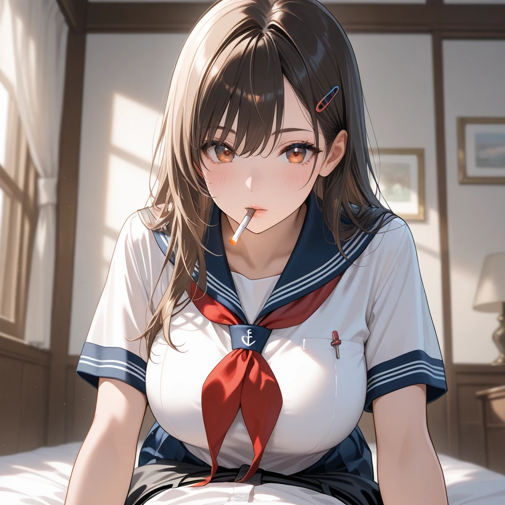 (masterpiece, best quality, ultra-detailed, high resolution, detailed eyes), {{{1mature female}}}, beautiful female, anime, (40 years old), (school girl uniform, sailor), curvy body, large breast, (makeup:1.0), big eyes, earrings, pet collar, (open mouth:1.4), (tongue out:1.4), (breath:1.3), sitting, spread legs, skirt lift, masturbation, fingering pussy, orgasm, trembling