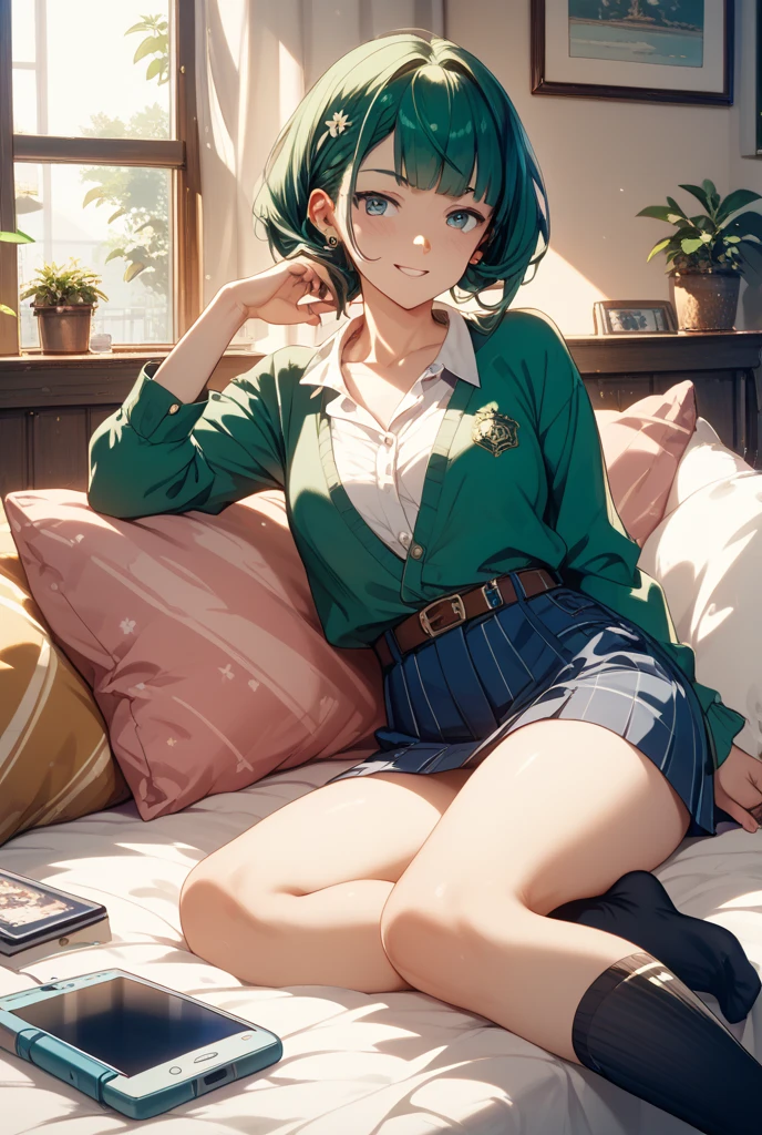 4K, A high resolution, Best quality at best, tmasterpiece, perfect colors, perfect shadow, perfect litthing, ((sportrait)), fit-muscled body, bright green eyes，dark blue hair , blue eyes, With round lenses, The audience watched carefully, (s face: 1.2), Perfect female figure,，sitting,  ((green jacket, white shirt, strapless, , black shorts skirt)), ((shy smile and looking at viewert)), (Perfect thick white eyebrows, pinkish white skin) Delicate fur, 详细s face, s the perfect face, At a  chill study room , (), warm and cozy background, perfect  place for study , lighting atmosphere, ((warm lighting)), (The round lenses on his eyes)(詳細な目), Perfect student