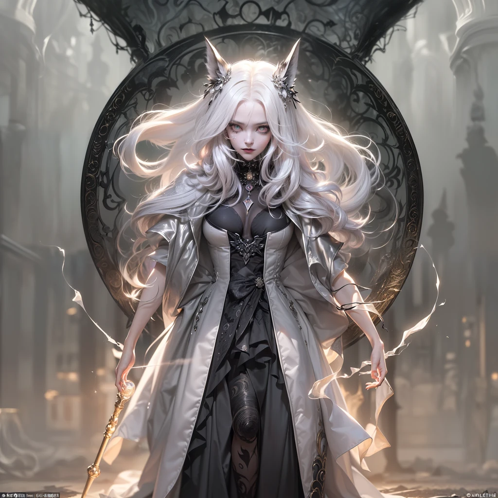 (1girl fox ear, short hair, old (small_breasts:1.9), (small head), small boobs ((platinum hair color)), (extremely intricate robes, magical robes), long cloak with gears (technical wearing, jetpack). dark church background, mechanism, gears, industry, technology, automaton, electric sparks cinematic atmosphere. (((flowing cloak))), ((amber eyes high quality, high quality face)), (extremely intricate robes, magical robes), casting black flame, swirling fire, radiating power, smoke, magic black flame ((dramatic)), bokeh, gothic, ember, particles, skulls and lit candles necromancer, red glow, shadows, starry, night blood moon, magic, low camera angle, (detailed eyes:1.3), (detailed face:1.3), (perfect hands:1.3). realistic shadows, depth of field, (Masterpiece:1.2) (photorealistic:1.2) (best quality) (intricate details) (High Poly) (Raytracing), (neutral colors:1.2), (hdr:1.4), (muted colors:1.2), (teal and orange:0.4)", detailed background, (steam-punk theme:1.1)