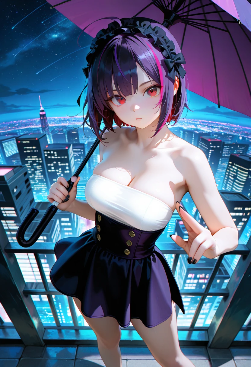 A girl stands on the rooftop of a high-rise building overlooking the late-night Tokyo nightscape.、She has a short bob with a white lob of hair and wears a large black witch hat with sapphire jewelry.、A high school student wearing a navy blue swimsuit、She wears a large witch's hat with a small sapphire accessory、A few star creams、Beautiful starry sky、Beautiful night view、large witch's hat 、Small breasts、Small breasts、She is wearing a long black coat with the front open.、Illuminated roof terrace、