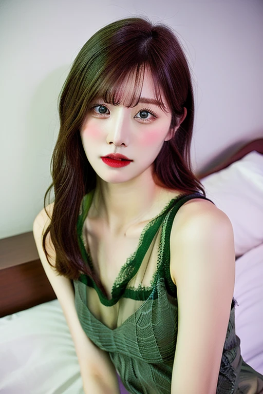 Top quality, one beautiful woman,wearing green lace lingerie, 35mm lens, f/1, cowboy shot, (white background: 1.3), flat chest, on bed,Drooping eyes、red hair、parm hair,shiny hair、bob hair,a small amount of bangs
