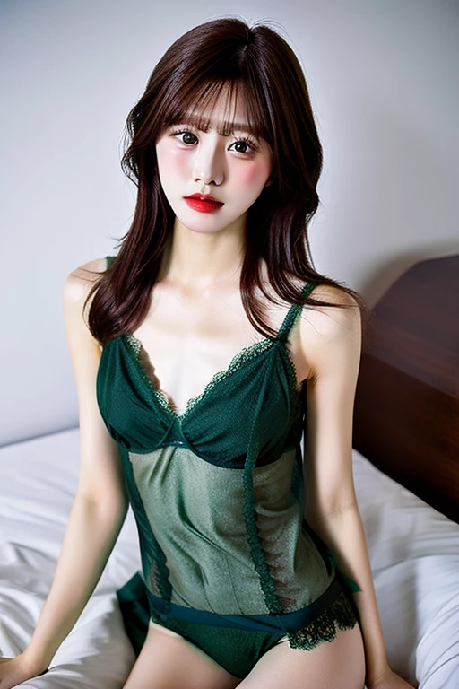 randome pose、Lying in bed、light green nightgown、gown、a japanese girl、17 years old girl、small tits、perfect chest、flawless skin、perfect body type、小柄、Small butt、Bob Hair、A dark-haired、bangs whorl、an legs、colourfull