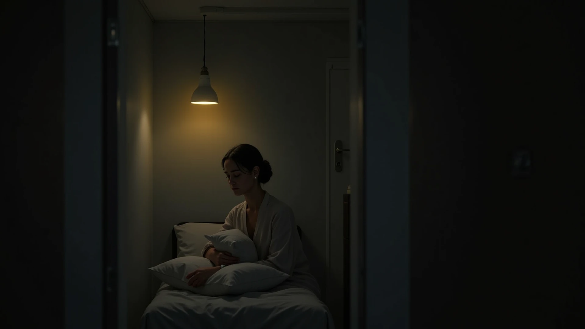 Cinematic, A dimly lit bedroom scene captured in a late evening ambiance. The central focus is on a woman sitting on a wooden chair, side profile view, dressed in a long, flowing nightgown, partially illuminated by a soft, warm glow from a nearby table lamp placed on a nightstand. The light casts shadows that play against the room's details. On the left side of the scene, a baby crib is visible, holding a small stuffed animal, suggesting a child's presence. The background features a plaid-patterned curtain in shades of green, red, and beige behind the woman, adding a homely atmosphere. To the right, a bookshelf with various colored compartments is partially visible, adding a splash of color to the muted tones of the room. The overall mood is quiet and introspective, with a subtle hint of mystery