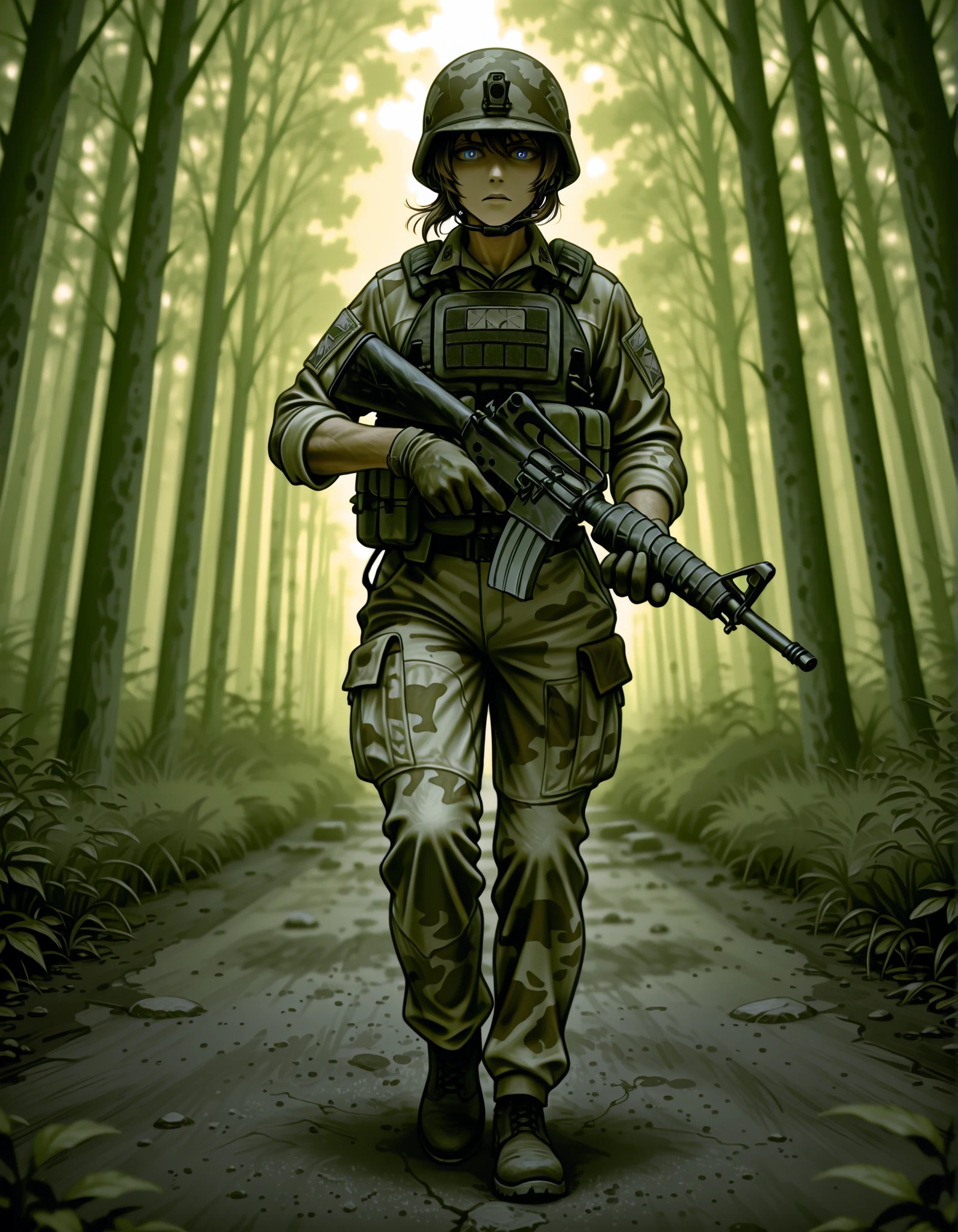 The image depicts a soldier in military gear holding and aiming an M16 rifle in a focused manner. The soldier is wearing a tactical helmet, a desert camouflage uniform, gloves, and a tactical vest holding various equipment and gear. The soldier is positioned in an outdoor sandy environment, possibly an urban or training ground, with concrete barriers and some greenery visible in the background. The lighting is bright, and sunlight casts soft shadows, creating a clear and intense atmosphere. The shot is taken from a straight-on angle, emphasizing the soldier's stance and the rifle, and the depth of the field keeps the soldier in sharp focus while subtly blurring the background. (m16a2:1)