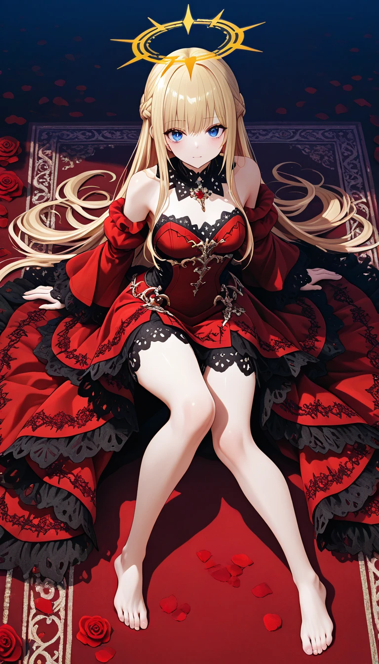 Woman, gorgeous, sexy, scarlet red eyes, long straight hair, blondie, red fitted prom dress, ruffled skirt, seductive look, seductive pose, without stockings, red shoes