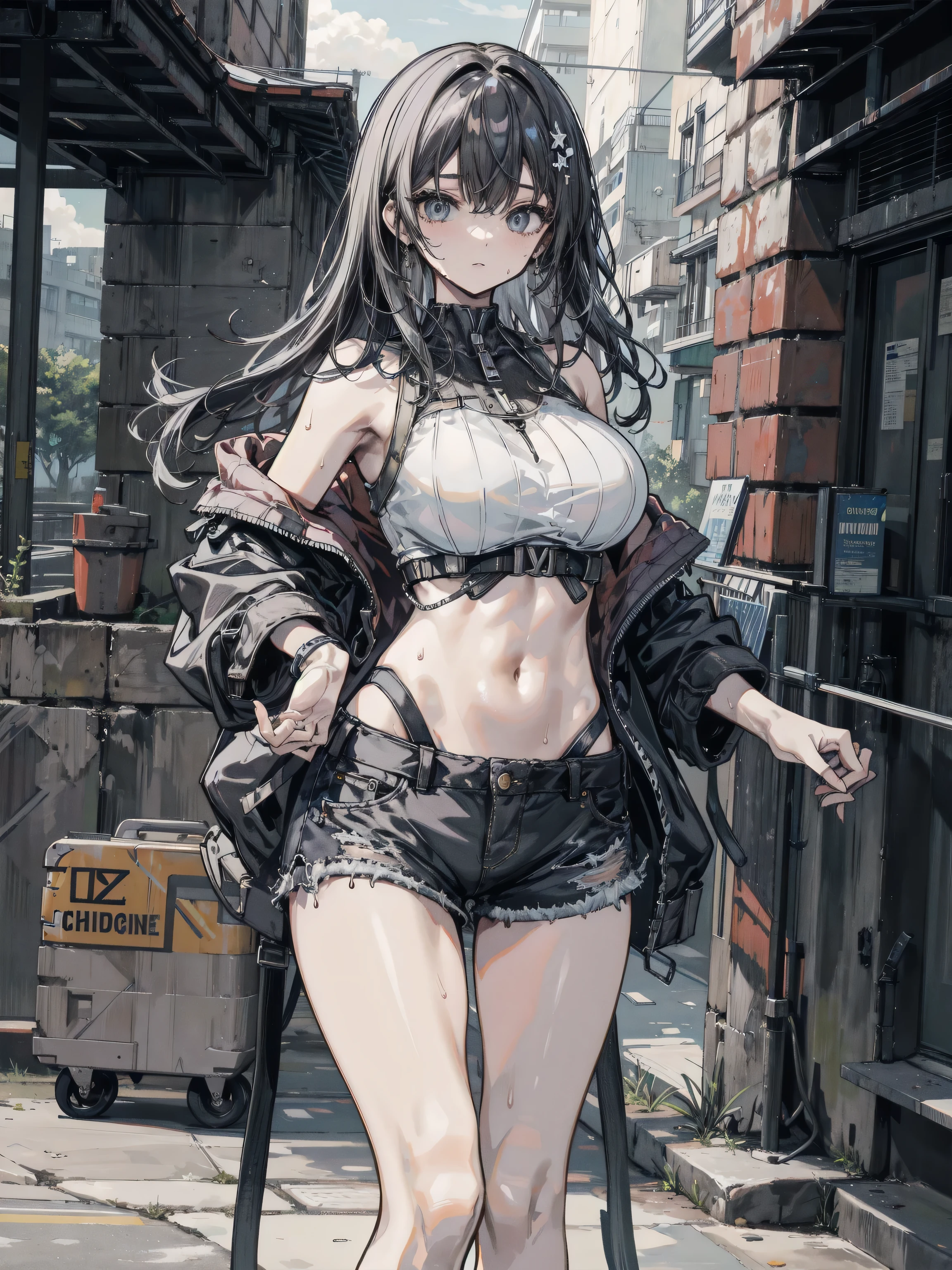 (masterpiece:1.2), (Military uniform magazine cover:1.4),best quality,PIXIV,Sweet girl , sexy posture,1girl, (perky chest:1.2), rolling upskirt by wind:1.6, (with sparkling eyes and a contagious smile),open mouth, (pointed chest:1.2),fishnets, black hair, boots, long hair, black nails, skirt, shirt, solo, black footwear, bag, black skirt, jewelry, jacket, on head, black jacket, thigh strap, bangs, necktie, earrings, nail polish, multicolored hair, looking at viewer, full body, bottle, own hands together, belt, jacket on shoulders, food, cats on head, black necktie, ring, choker, english text, collared shirt, blue eyes, platform boots, hat, lace-up boots ,masterpiece、highest quality、Very detailed、An illustration、Beautiful fine details、One Girl、cute、Detailed landscape、Training Room Background:1.4、Platinum Blonde Hair、Braided Ponytail、Red camisole、((D cup breasts, Tank top showing underboob:1.3))