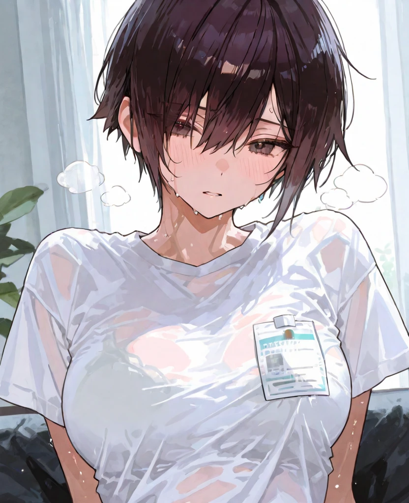 mature woman, mature face, hot face, glossy lips, (black hair, short hair, hime bangs), mature body, big breast, loose t-shirt, magenta t-shirt, visible bra strip, lab coat, hotpants, lab