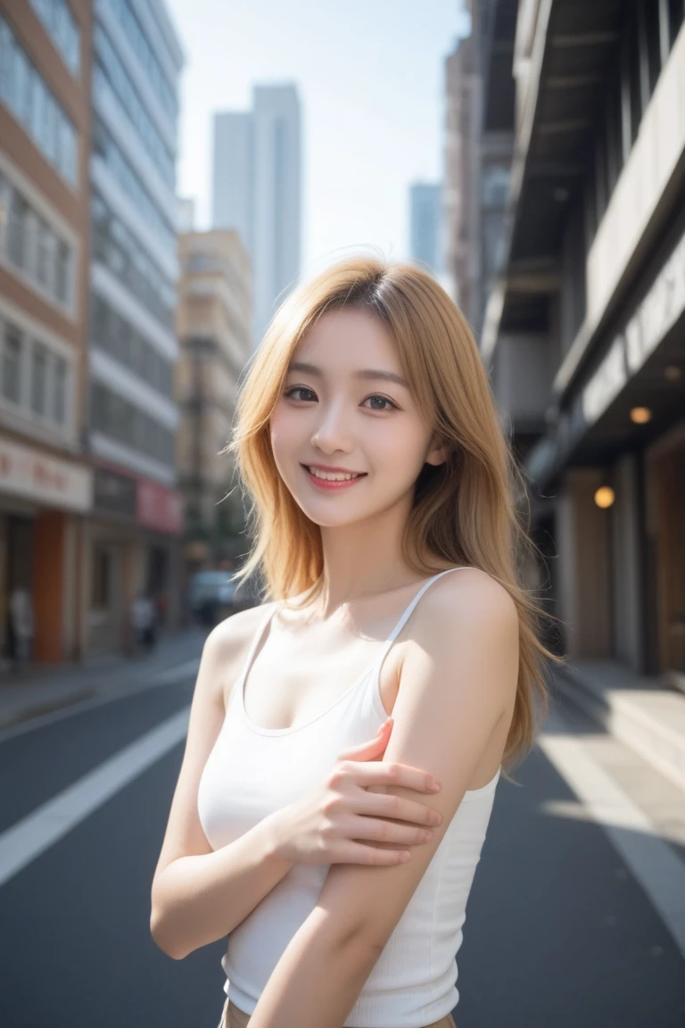 (8k, RAW photo, best quality, mastery:1.3), (realistic, photo-realistic:1.37), (looking viewer:1.331), (white hair), posing, Tokyo street, nightcityscape, cyberpunk city, soft light, 1girl, extremely beautiful face , Perfect body proportions, (small face: 1.1), bust, casual hairstyle, smile, big eyes, (short sleeves JK_shirt), JK_style, (navy JK_skirt), (bow JK_tie), mix4, detailed eyes