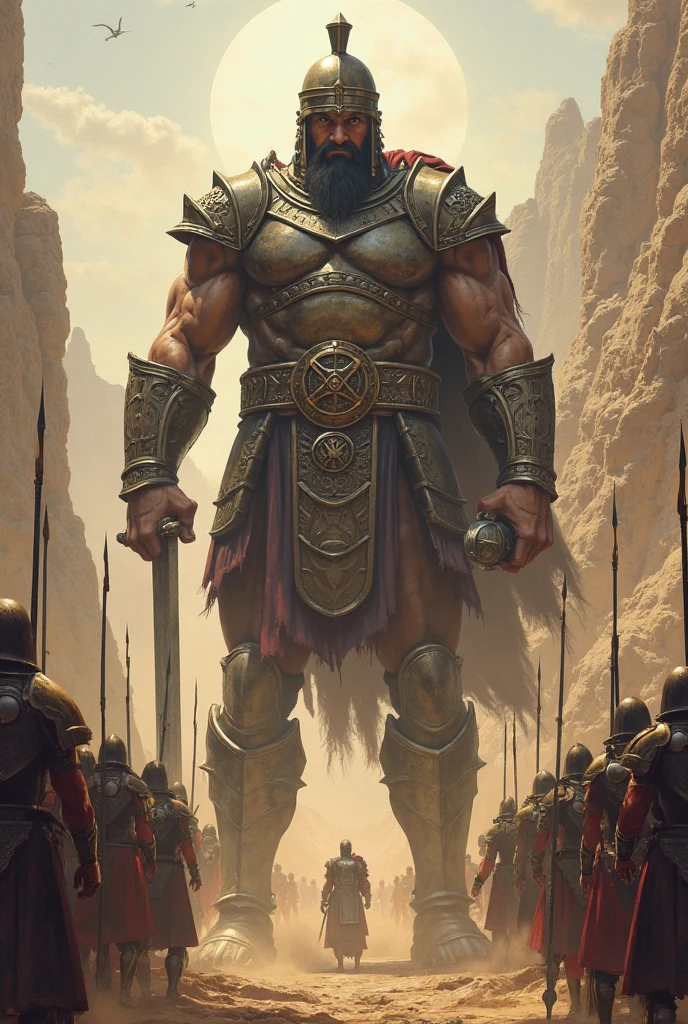 a masterpiece of one man and another giant man fighting in a desert, David and Goliath, epic biblical depiction, painting of Goliath, Spartan warrior, by Exekias, epic art, epic scene of Zeus, epic wallpaper of graphic novel, digital painting of Greek myth, by Emiliano Di Cavalcanti, epic illustration, ancient soldier, epic battle scene, by Matt Stewart, "(intricate details: 1.2, perfect features: 1.2, dramatic: 1.2, cinematic lighting: 1.3, accent lighting: 1.1) SSAA smooth rendering, no noise, testp-air 2-3 video, (no lary prompts: 0.8)"