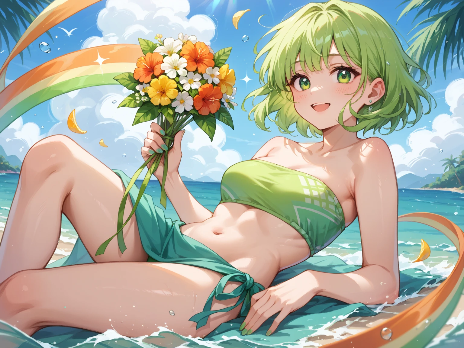 (full body, pov love style swimsuit) (beautifu fighterl body), (solo:2, 15 yo, ponytail green hair long hair sexy fighter girl, cute yellow eyes, love smile), (in a sunflower Embroidered green one piece swimsuit, exposure wabisabi:1.3 love sunflower), break, in the Swimsuit contest venue, background Double Exposure beautiful ocean, BREAK, perfect anatomy, masterpiece, best quality, 16k, beautiful detailed love, sexy, daydreaming expression.