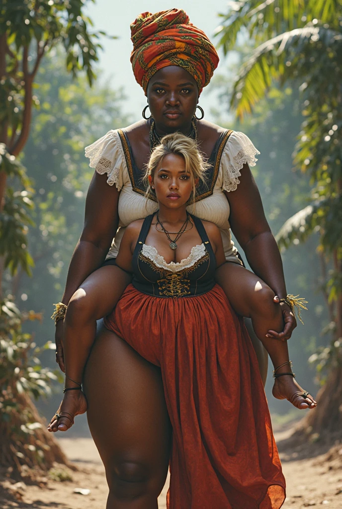 (bbw medieval warrior woman with brown leather swimsuit and brown leather boots standing forward and paralyzed, full body bbw,) is trapped by a small goblin