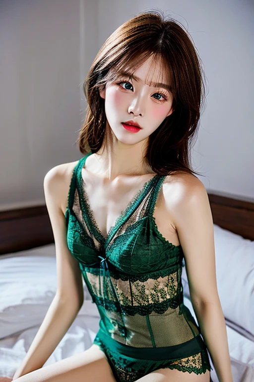 top-quality, masterpiece, 超A high resolution, (Photorealsitic: 1.4), ((sitting and spreading her legs))、Raw photo, Japan idle、Black-haired twin-tailed, gold and dark green lace underwear 、T back、 fishnet tights、Colossal tits、Opening Mouth、(Hands behind the head)、full body Esbian、a choker、high-heels、