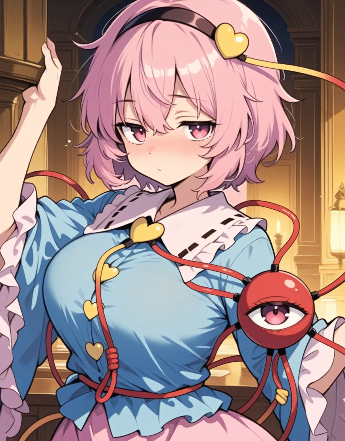 Komeiji Satori, Purple Hair, Pink Hair, Short Bob Cut , Pink Eyes, Light blue shirt, Collared shirt, Super huge breasts, Pink Skirt, rose pattern skirt, White Castle