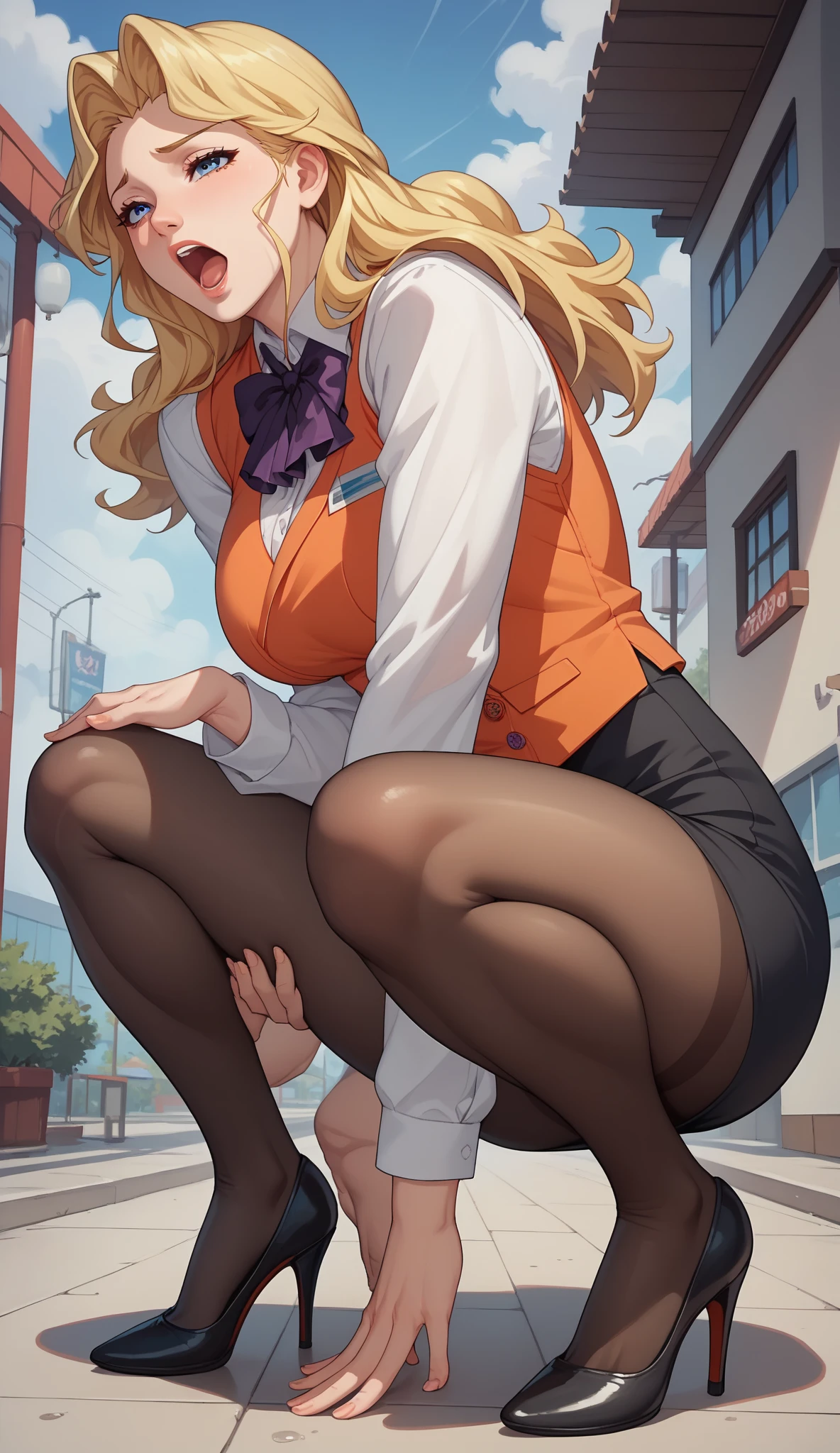 masterpiece, best quality, highres, JK,huge tit,1girl,standing_split,standing on one leg,black bow,black bowtie,blonde hair,bow,bowtie,breasts,hair bun,long hair,looking at viewer,shirt tucked in,Blue jeans, smile,tented shirt,in morning,sun,in park,