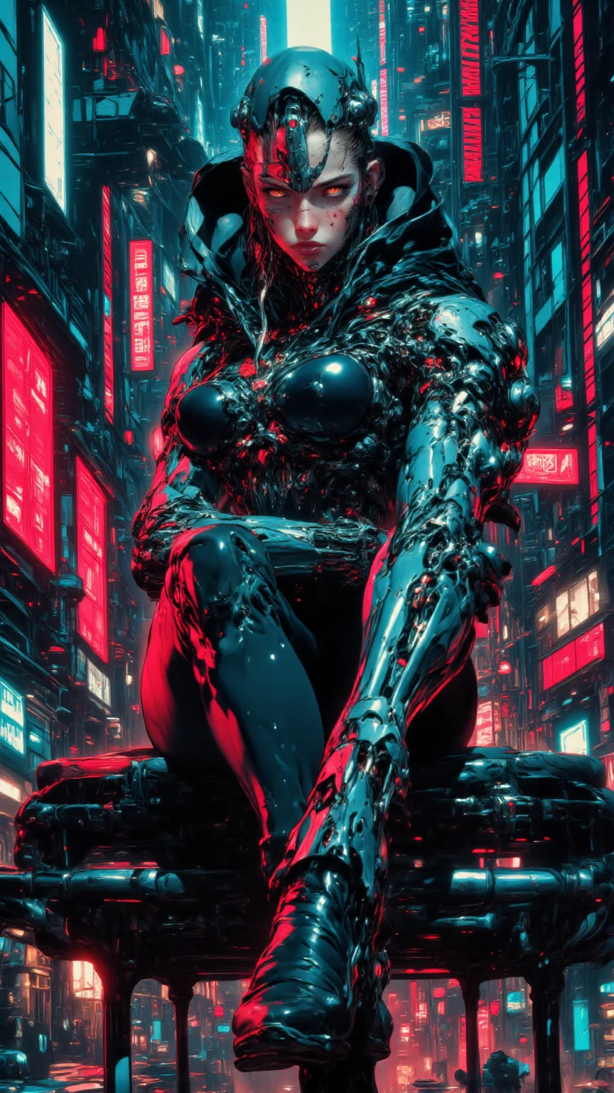 a beautiful teen-aged girl,Beauty,tall,long legs,red nanosuit,Black tight combat suit,nanomaterials,White skin,beautiful eyes,Delicate arms,shapely thighs,long blonde hair,blue eyes,Large,grace,sexy,Exquisite facial sculpting,beautiful facial features,Smile,cafes,Sit on a barstool,warm light,Exquisite interior decoration,Floor-to-ceiling windows,Blue sky and white clouds outside the window,City streets empty,high-rise buildings,sunny