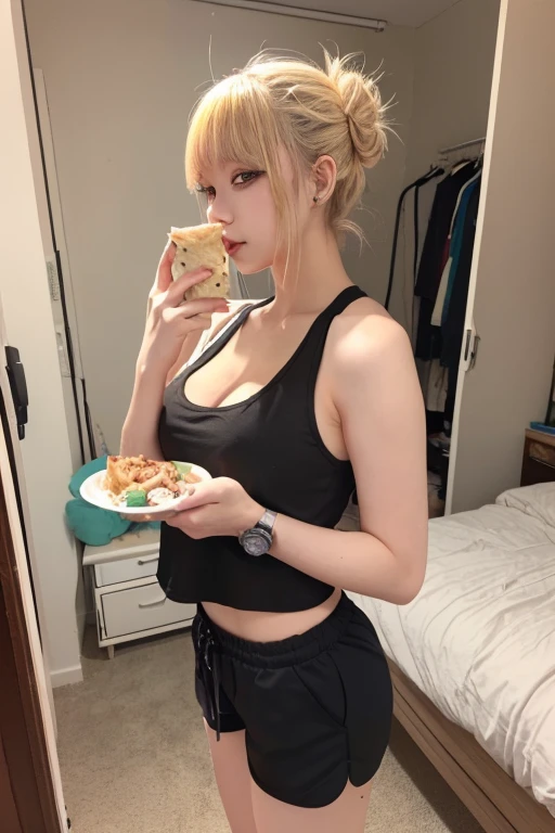 ((top-quality、8K、masterpies:1.3))、1girl in、Beautiful woman with slim abs accent:1.3、Super Detail Face、Delicat eyes、二重まぶた、Soft breasts、Ultra exposed cleavage、full body Esbian、Pink hair、Suntan-Skin、20yr old、bobhair、short-cut、erotick、Sensual look、a smile、croptop、short pants、pulling the hands up