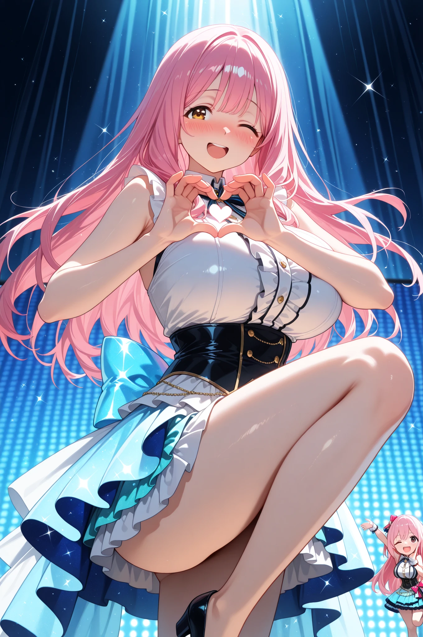realistic image, coherent image, detailed image, 1 girl, long hair, pink hair, wearing hair accessories with blue and yellow cubes on the right side, light blue eyes, delicate oval face, blushing, wearing a crop top, pleated miniskirt, sports shoes, big breasts, curvy body, thick thighs, shy pose, black background, uniform bottom,
