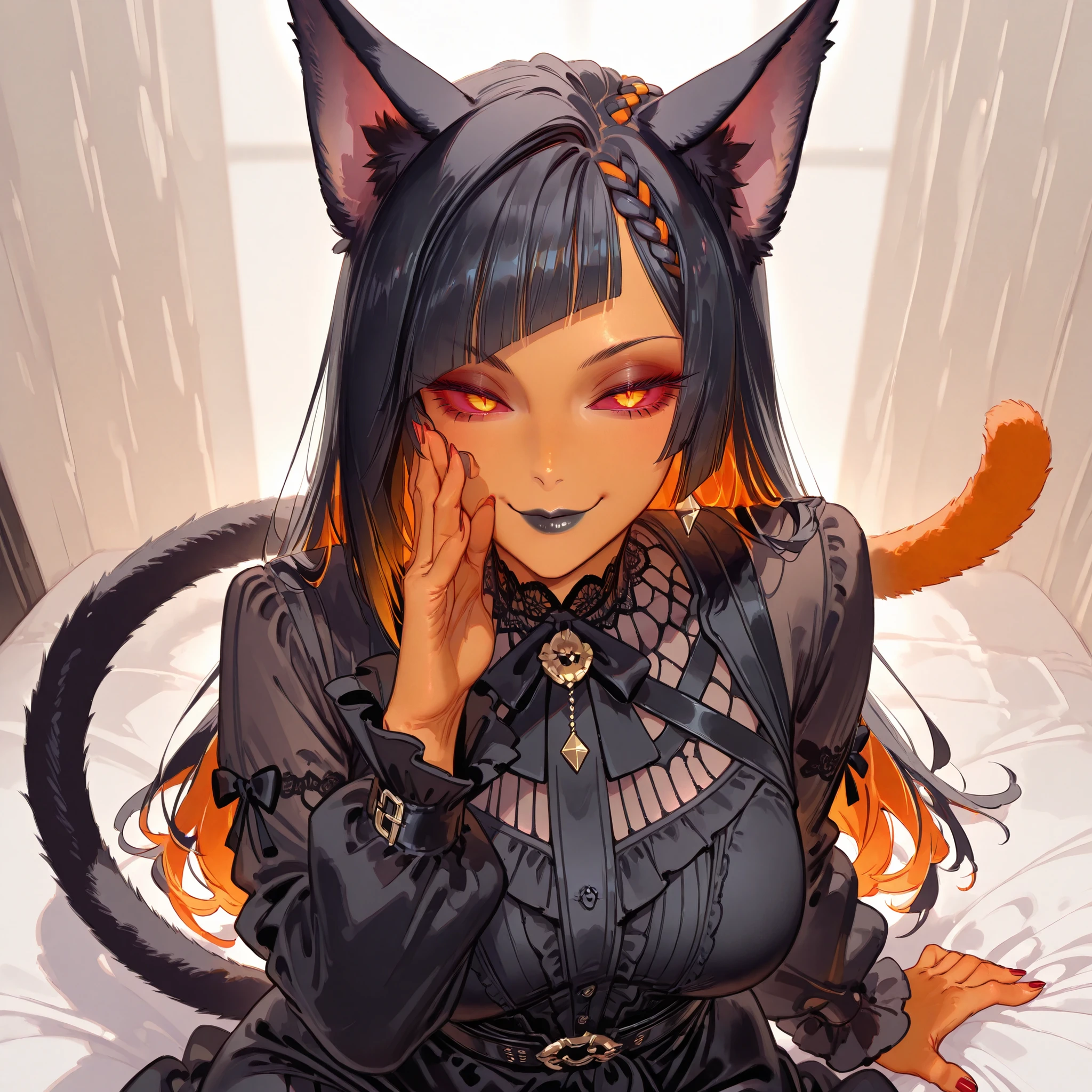 ((最高品質)), ((傑作)), (詳細)no humans, pure orange skin, cat ears, black hair, orange colored inner hair, diagonal bangs, side cornrows, red sclera, round black iris, gold pupils, black lips, detailed face, mature female, seductive smile, 5 claw fingers, red nails, cat tail, goth fashion, cowboy shot, ojou-sama pose, lying