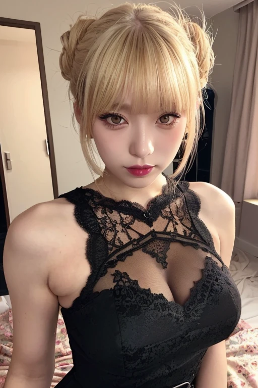 blonde hair, colored inner hair, half smile, colored inner hair, twin Tails, red Bustier with garters and thong set, cowboy shot, Booty pose, masterpiece, high quality, Kneeling pose, (armpit:1.3) , breast squeeze.