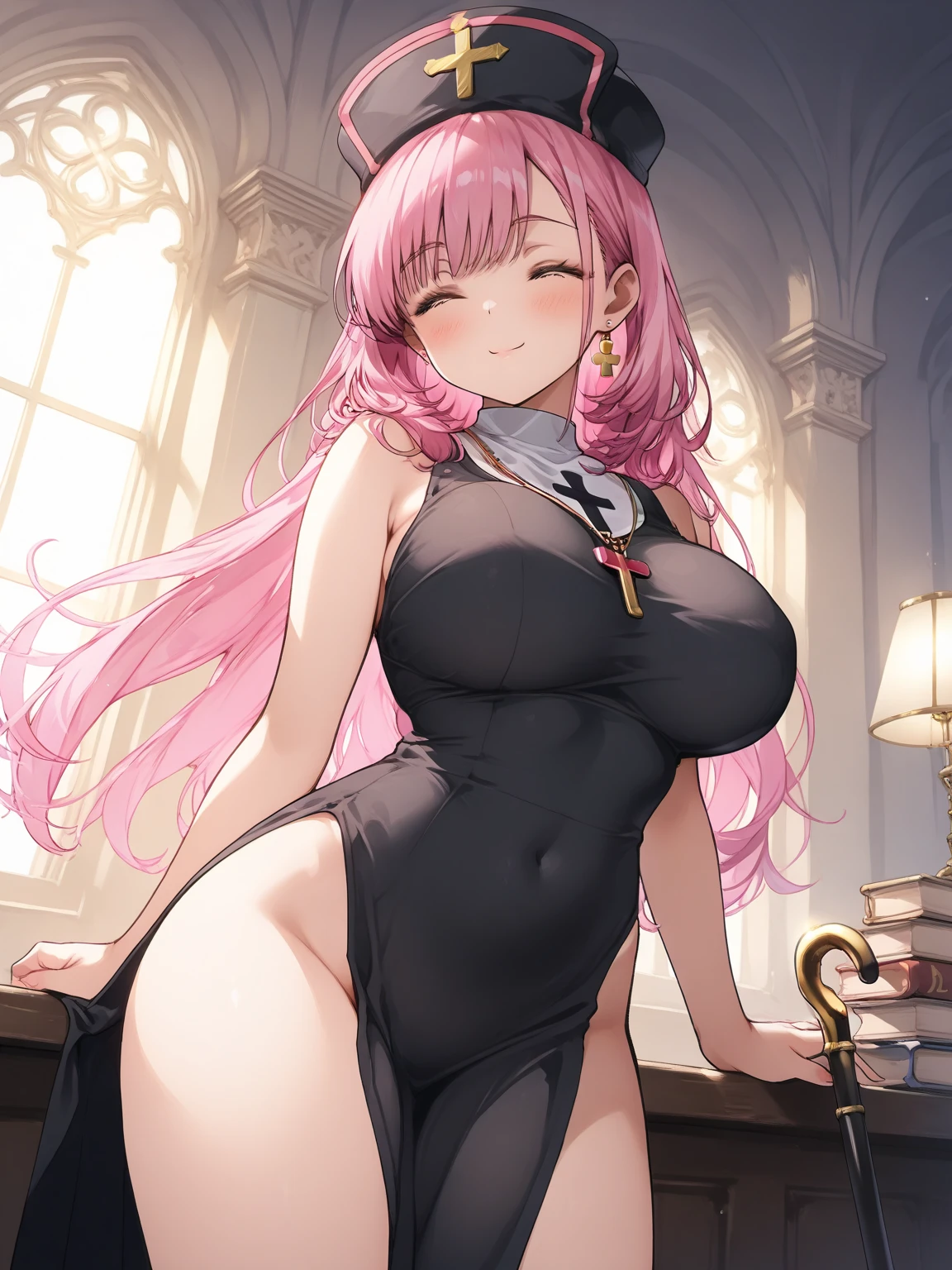 masterpiece, best quality, high resolution, UHD, 8k, ((cowboy shot)), BREAK, 1 girl, ((girl style anime)), Glossy skin, rounded eyes, beautiful eyelashes, realistic eyes, beautiful woman, with purple eyes, long hair, pink hair, with red balayage highlights, royal-metallic pink high-neck long-slit dress thick high heels with bracelets on their wrists, perfect body, big breasts, BREAK, in a clothe store very nice.