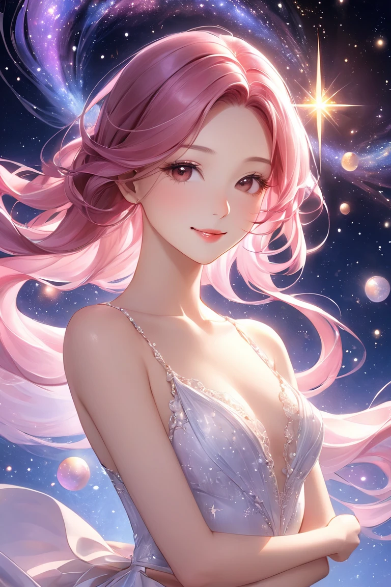 She is a pink with red lips, a unibrow, a mole on her left cheek, cream colored hair, and wears a violet dress. SPARKLE; GLITTER