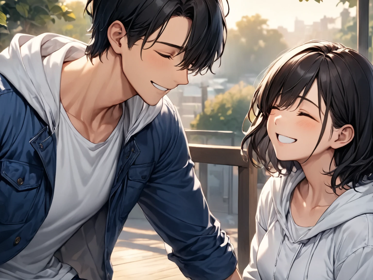 Couple dating scene, (dark-haired medium haired beauty, white blouse and gray long skirt, She has a gentle smile, close your eyes and smile, happy), Break, ( handsome young man with dark hair "Asuka", white hoodie with blue jacket and jeans, He has a calm expression,) , Supreme Masterpiece
