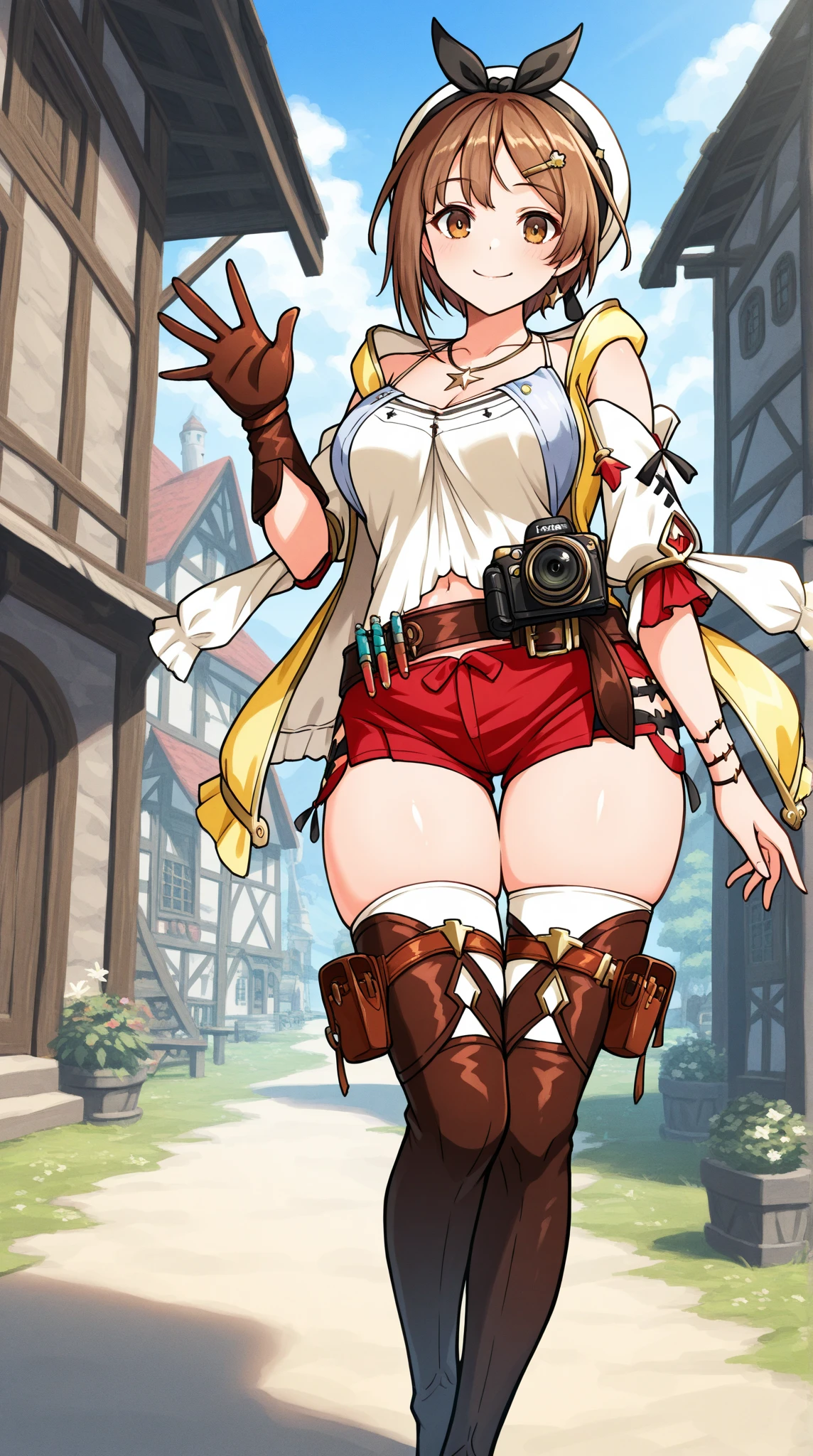 Highest quality, High resolution, Pixel perfect, Lisa, One Girl, alone, Shorts, gloves, Belt Bag, Head Ribbon, jewelry, (Red shorts:1.5), Brown Hair, Thighs Thighs Thighs Thighs, Short shorts, Bridal Legwear, necklace, Brown eyes, hair ornaments, Barrette, star necklace, Closed-toe footwear, leather, star (symbol), White Hat, Brown gloves, Knee-high boots, short hair, Thighs Thighs Thighs Thighs, leather Belt, Tea belt, leather gloves, Jacket, Blue Belt, belly button, Thigh-high boots, (White camisole:1.5), White knee-high, clavicle, Brown footwear, Cleavage, Large Breasts, smile, blush, Plein Air, (Wide pelvis:1.5), (Thick thighs:1.5), (Crotch up from below:1.5), (Hands on hips:1.5)