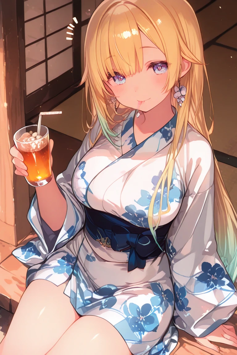 (bestquality,masterpiece), TsunadeNS, solo, japanese_clothes, breasts, large_breasts, kimono, cleavage, smile, lips, bare_shoulders, indoors, alcohol, bottle, sake_bottle, cup, holding, off_shoulder,