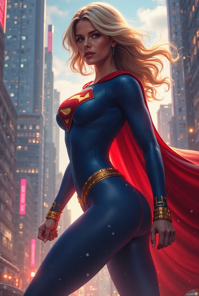 ((highest quality)), ((masterpiece)), (be familiar with), (High definition), (Realistic), (Realistic), (Best Shadow), Low contrast, (Complex:1.4), Side lighting, 8K, ((melissa Benoist)), ((SUPER GIRL)), Perfect Face、Detailed、(Accurate hand and finger depiction)、supergirl women、Blonde、Voluptuous body、big breasts、Narrow waist、Big Ass、Alluring、glamorous、((On all fours))、Tokyo Tower、Night view