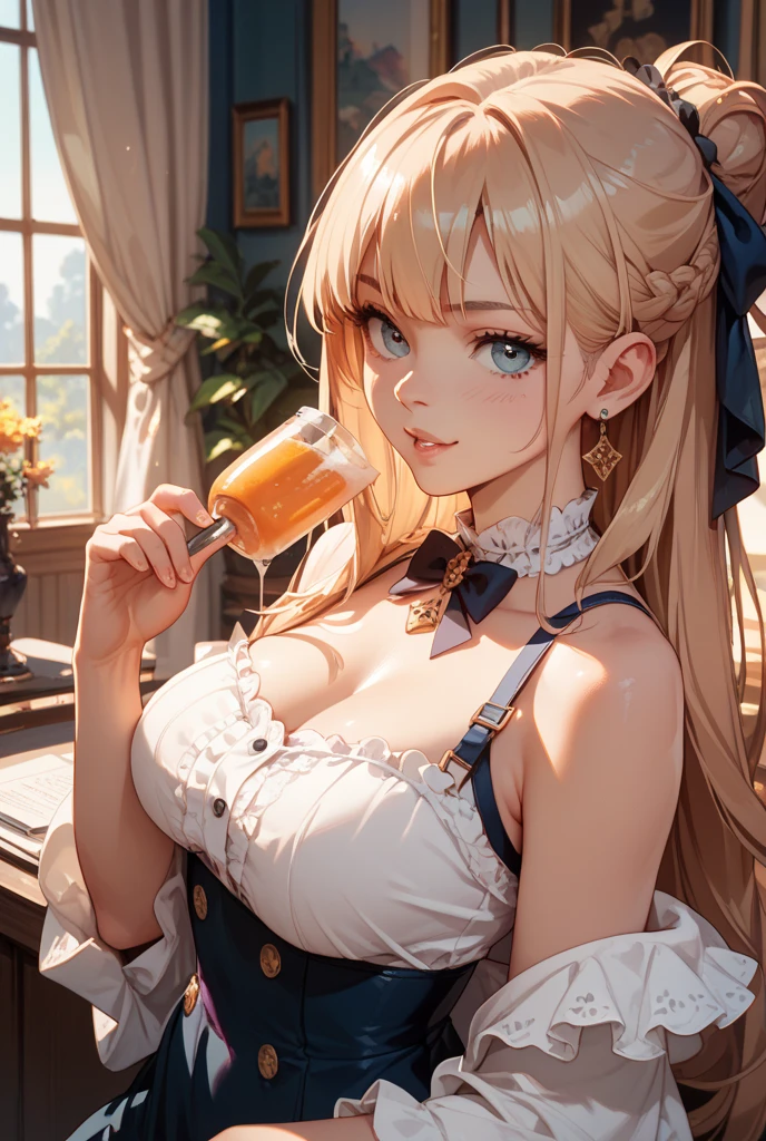 ,lf with, long hair, and cat eyars, swettt, detailed eyes, detailed hands, detailed face, split beer, all over her, drops, drops of yellow beer, beer splet, yellow beer