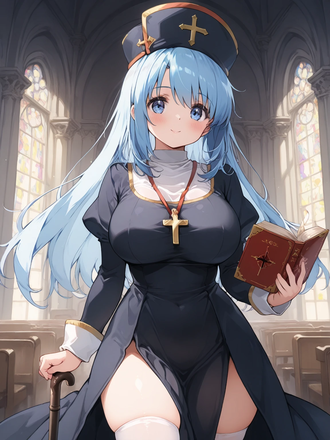 Cute naughty priestess, Pastel colors hair, large breasts, Thighs, (silver hair), blue hair, long hair, (pouted:1,2, blush:1.2), half updo, double bun, (naked:1.3), at the adventurer's guild, A bulletin board with posted paper