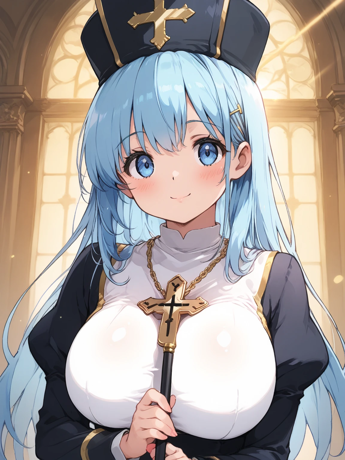 Anime Moe Art Style,highest quality,High resolution,Anatomically correct,One Girl,Mid-teens,A girl with light blue hair in a ponytail,Super detailed,Fantasy World,Sister,Monastic Clothes,Big Breasts,Shiny skin,Beautiful Skin,A rich expression,smile,church,choir,Singing hymns,Eyes drawn in detail,Reduce exposure,Gold Rosary,8K