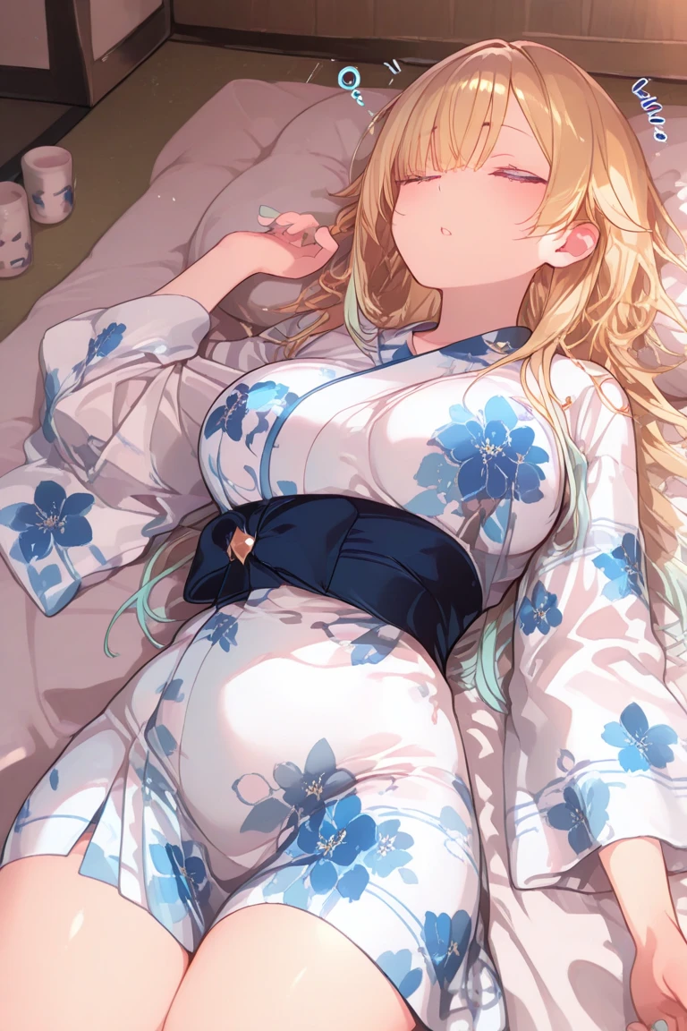 (Masterpiece, Top quality:1.5), nsfw, (dynamic angle:1.2), (1 beautiful girl, solo:1.2), (lie on tatami:1.2), Blonde, medium Hair, wavy Hair, asymmetry bangs, swept bangs, airy hair, large breasts:1.2, 16 year old, (flower printed blue yukata :1.3), shy:1.1, (blush:1.4), beautiful scene of indoor, arms up:1.2, open mouth