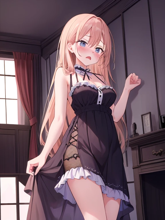 masterpiece,best quality,Girl in underwear、Threading the sleeves through a white Y-shirt、Dressing room、
