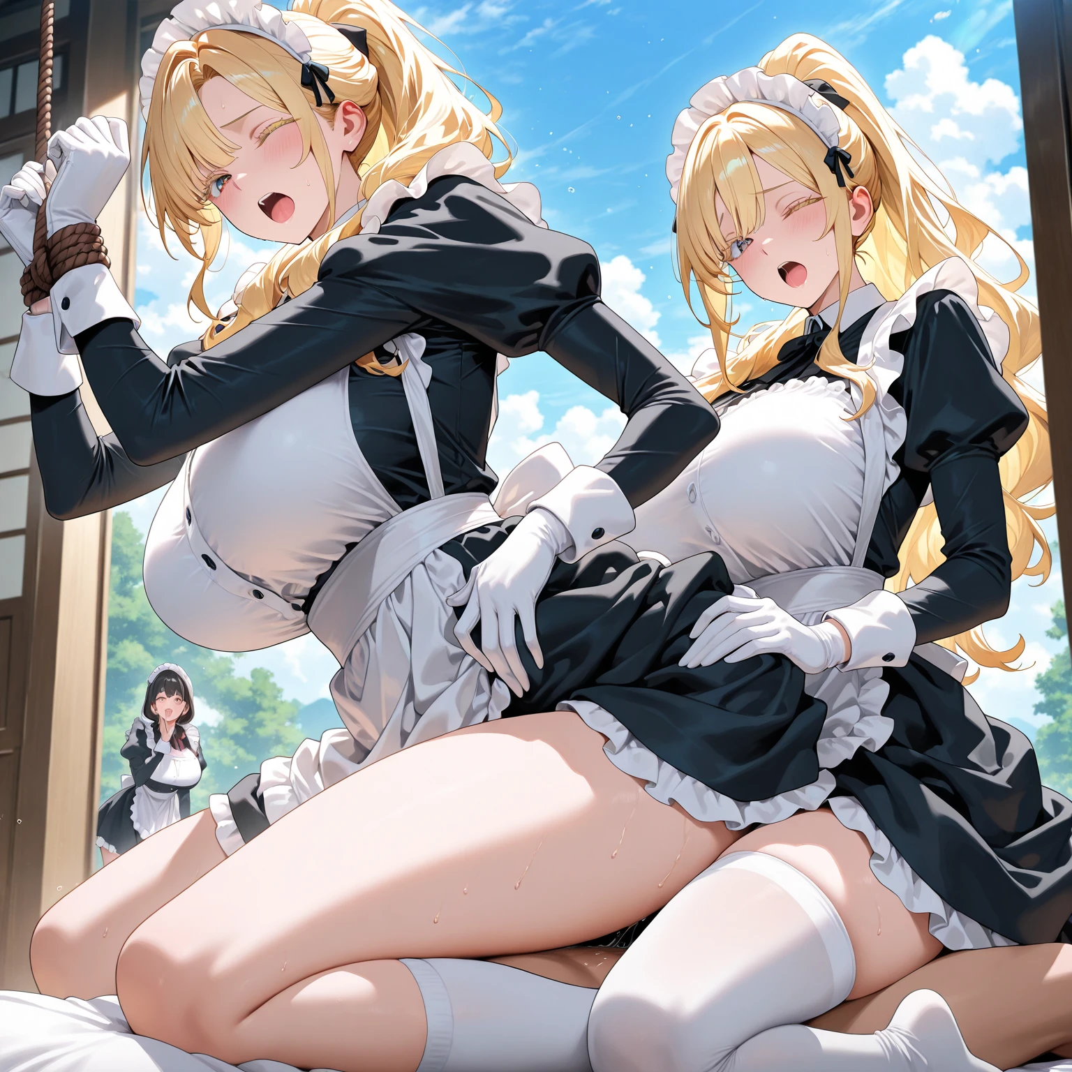 Voluptuous maid, hyper realistic, hyper anime, ample breast, generous cleavage, luscious lips, thigh-high stockings, thicc thighs, wide hips, hip dips, thigh gap, French maid dress, erotic atmosphere, glamorous lighting, 4k ultra HD high resolution, 1girl, solo girl, seductive pose, sexy eyes, short blonde hair, sexy laced lingerie, kissing