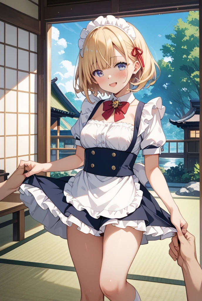 masterpiece, best quality, 1 girl, detailed beautiful face, skirt lift, short hair, waved hair, twintail, blonde hair, smiling, show off side tie panties, French braid, embarrassed, blush, cat costume