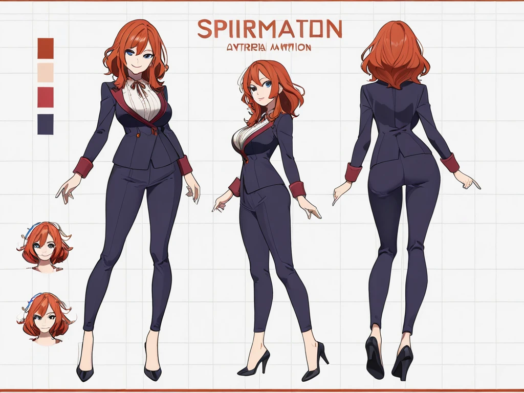 ((Full body photo, standing, feet on the ground)) multiple views,1girl,mature,tight body suit, long red hair, blue eyes,simple background,white background,full body,