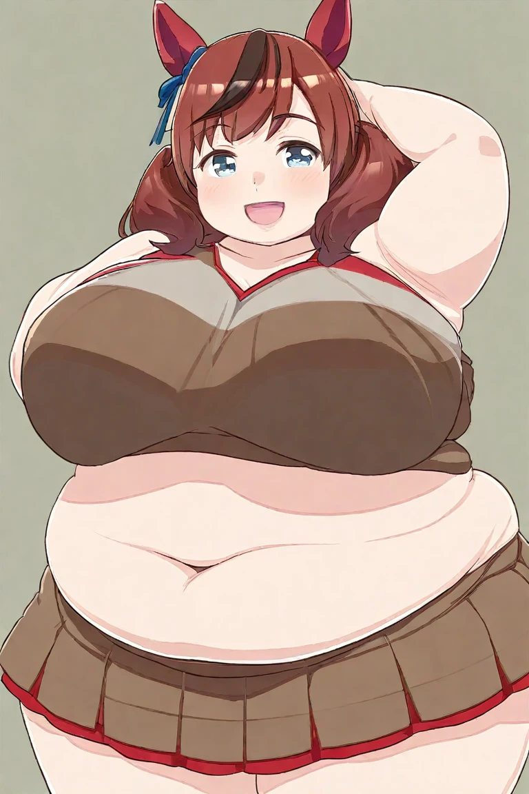 Extremely fat woman in black bra and ripped blue jeans, she has an extremely jiggly fat round belly, her belly is extremely fat and round, super chubby belly, belly tucked into pants, belly button showing, her belly button is exposed, belly exposed, bouncier belly, bigger stomach, thicc, plus-sized, doing a hot majestic pose, body swelling about to explode, ssbbw, 500 pounds of fat, stomach vibes, massive buttocks, massive butt, super big butt, super perky ass, butt rips jeans, large breasts, perky breasts, breasts bulge out of bra, breasts are shiny, long wavy hair, ginger hair, freckles, green eyes anime art style, from an anime, big shiny anime eyes, anime mouth, tiny cute anime nose, freckles, blush
