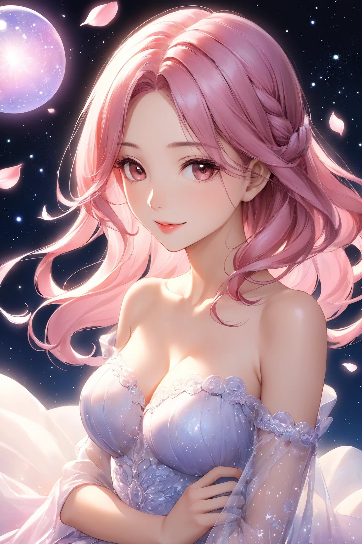 (Highest quality、Highest quality、Masterpiece、Very delicate、Very detailed、Exquisite、16K、Full HD)、1 female、(Silver dress、Flared mini skirt、gem、ribbon、White frills)、Small breasts、Perfect body line、Glowing Skin、(Groomed eyebrows、Pink Lips、Red eyeysterious Face)、(Blue Hair、Vertical roll、Shiny Hair)、Dramatic lighting、(universe)