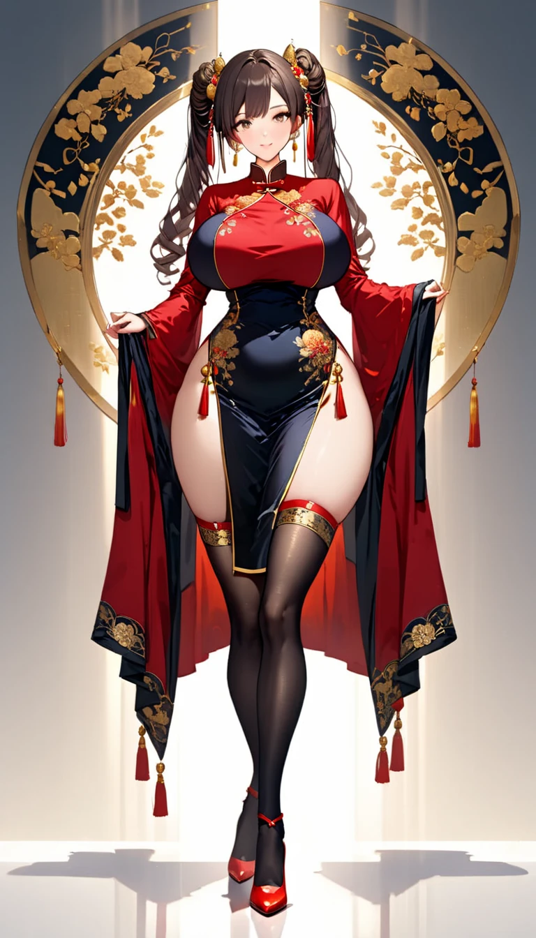 Digital Illustration of Genshin Xianyun in a breathtaking full body portrait, showcasing the intricate details of her elegant cheongsam adorned with delicate floral patterns. She stands tall in high heels, accentuating her graceful posture, while her slender legs are adorned with alluring black stockings. In her delicate hands, she holds a beautifully decorated folding fan, adding a touch of traditional charm to the scene. With photorealistic precision and raw artistry, this masterpiece captures every nuance of her short black hair, framing her enchanting brown eyes and captivating smile. Bathed in cinematic lighting, the high resolution image showcases sharp focus and depth of field, allowing the viewer to appreciate the realistic pupils and sharp pupils that bring her to life. The exquisite