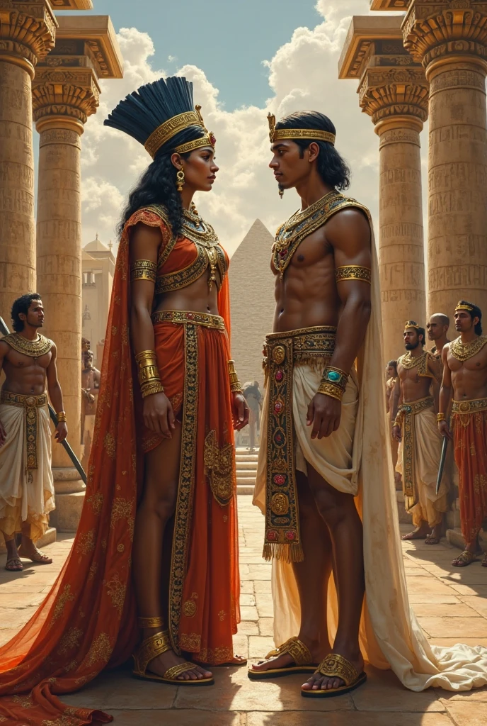 two guys,1 man,Man with long black hair,Egyptian attire,Egyptian dress-up,Young men,Fit and fit,1girl,Blonde hair,Straight blonde hair,Egyptian attire,Egyptian dress-up,queen of Egypt,goddes,Young girls,Emerald eyes,Elaborate Eyes,beauitful face,Stand by the lotus pond,Meticulous CG,Cinematic imagery,Beautiful,skin is smooth and fair,super high image quality