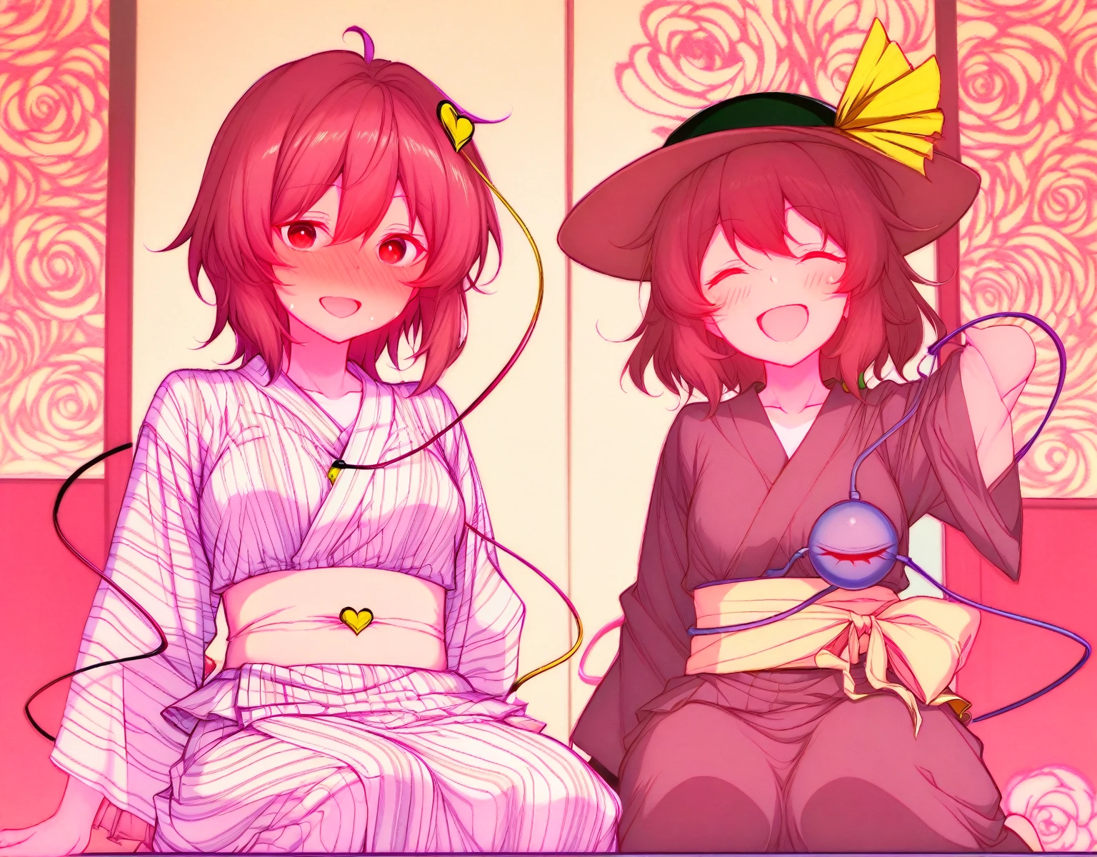 top quality 、two girls facing each other、 character、East、Komeiji Koishi 、 Komeichi Satori、Ryokan Background、wearing a yukata、I'm drunk and drunk、clothes with long brown hair are slightly loose、 I can see my chest slightly