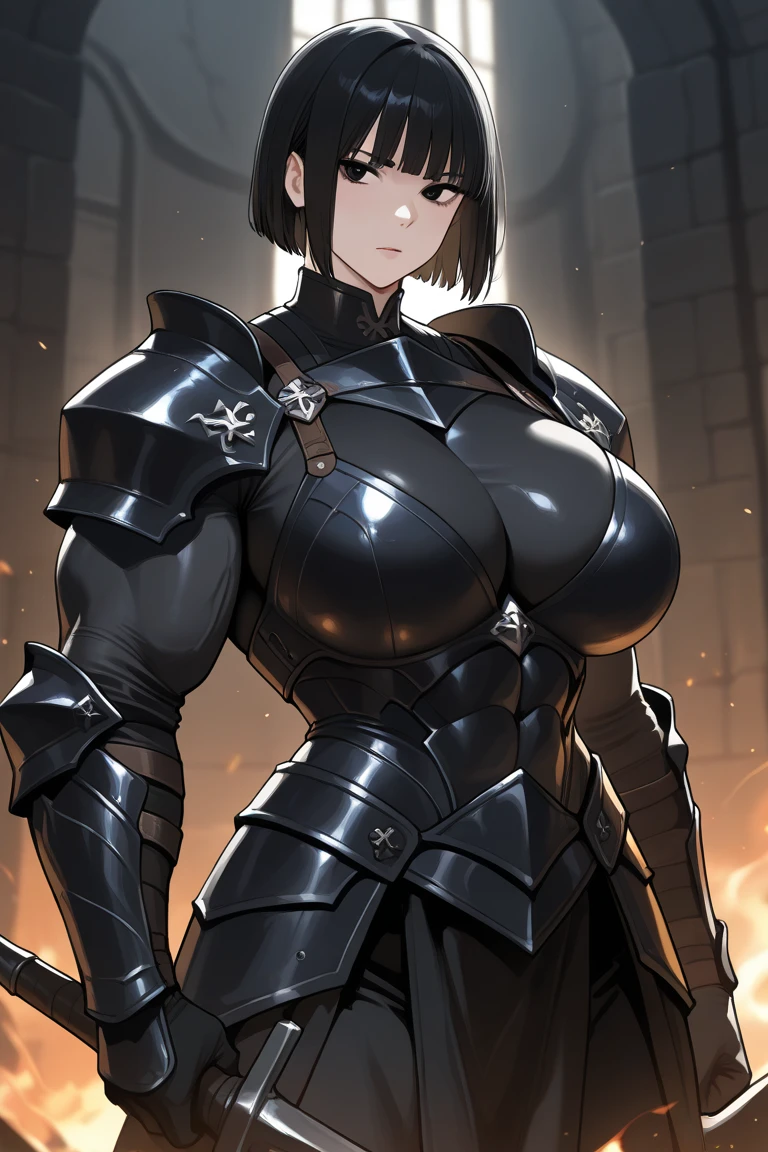 Iron bikini armor, iron crown, bare belly, big breasts, black hair, red eyes