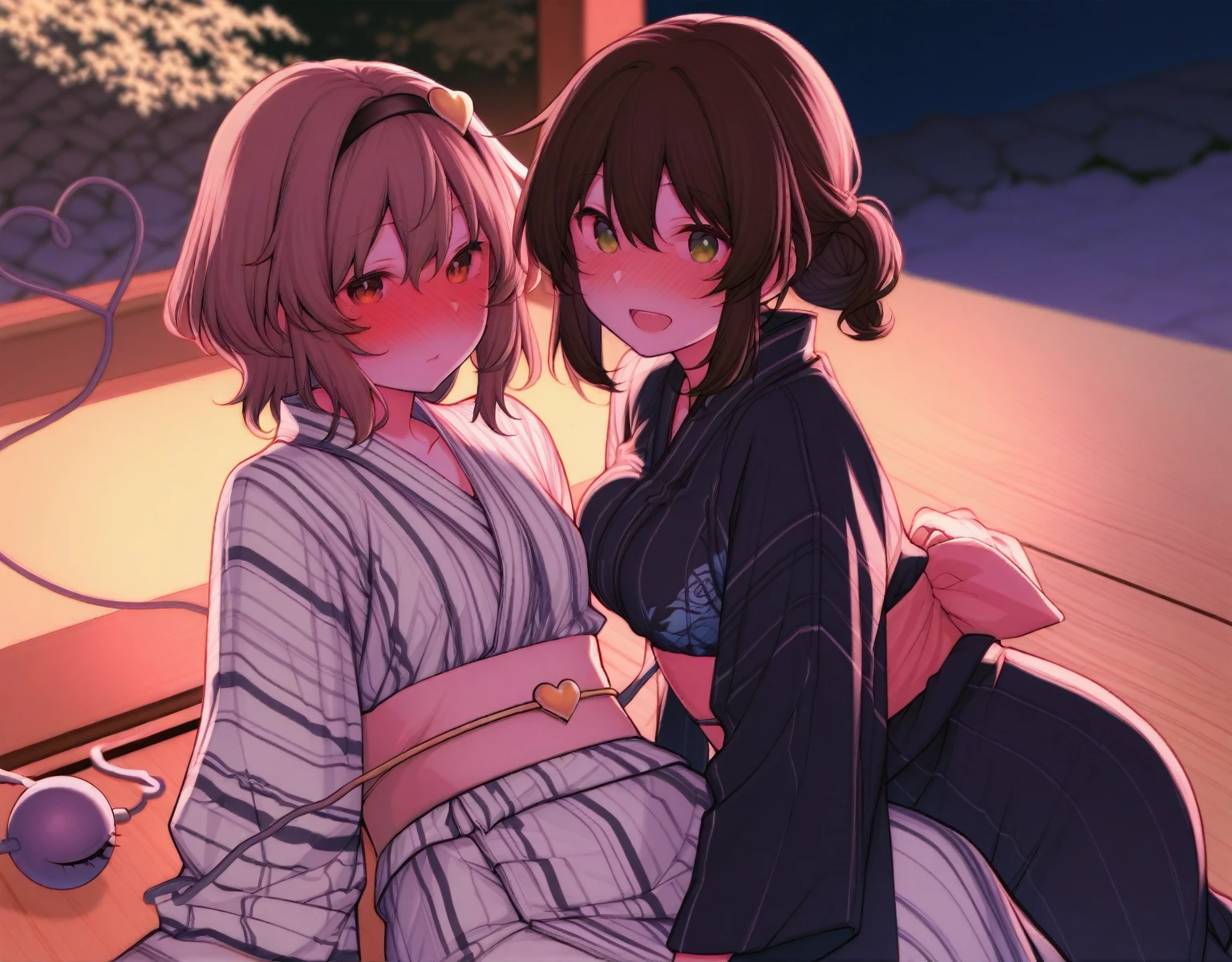 (Highest quality)), ((masterpiece)), (Family Friendly), Perfect Face,Glowing Skin,Beautiful breasts,Glowing Skin、Kyoto Animation style painting、hair、Golden Eyes、Sunburned skin、night、Braided hairework)))、(((night)))、Sit on a bench、(((Sweat)))、(((Wet)))、
、Off the shoulder、kimono、((Stall))
、profile