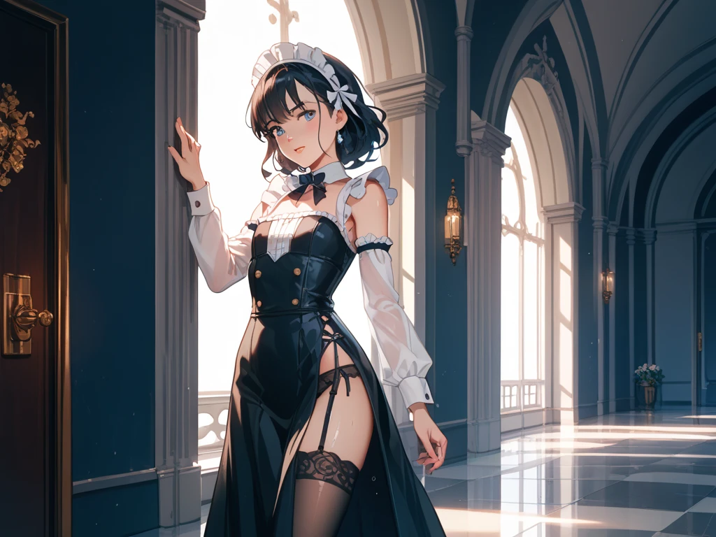 (master piece), (high resolution), (high light detail), from below, steaming body 1.2, tanned body, maid unifrom, maid skirt, chocker, evil grin, blurred backgound, sideview form behind,